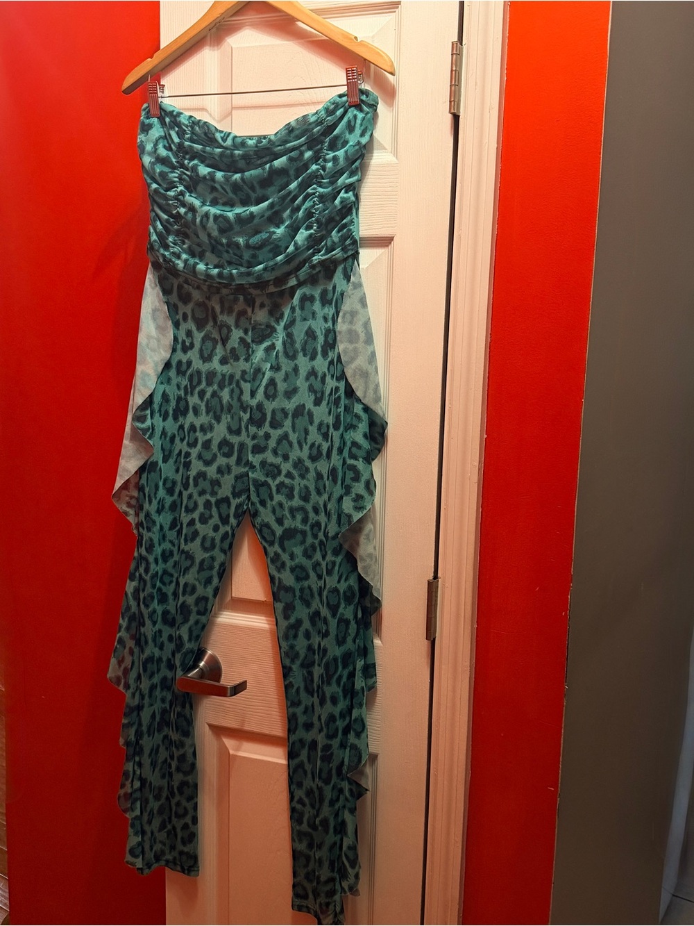 Teal Leopard-Print Ruffle Jumpsuit